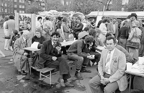 Gelsenkirchen, DEU - 01.05.1983 - Labor Day meeting on the market square in Gelsenkirchen, May 1st