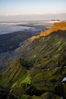 Cliff in the evening light, Impressive landscape with mountains and glaciers, Huldujökull and