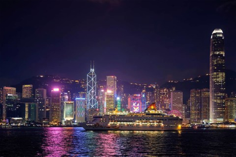 HONG KONG, CHINA, MAY 1, 2018: Hong Kong skyline cityscape downtown skyscrapers over Victoria