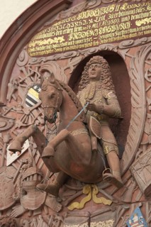 Equestrian figure of the landgrave at the castle, figure, coat of arms, Bad Homburg, Taunus, Hesse,