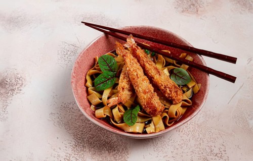 Udon noodles with shrimp in tempura, Japanese cuisine, homemade, no people