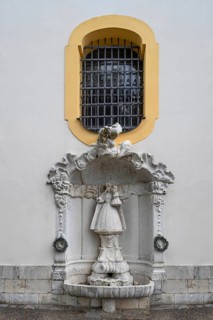 Fountain with the sculpture of the Virgin Mary at the pilgrimage basilica Maria Brünnlein, Wemding,