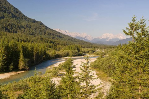 Isar valley nature conservancy area. The wild Isar river flows through its gravel bed past