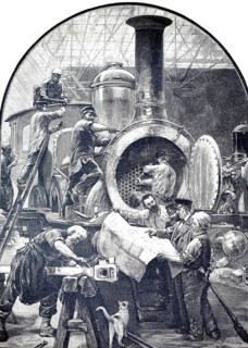 Historical scene of locomotive construction from the 19th century, from the famous painting cycle