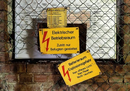 Warning signs, electrical operating room in the Rammelsberg ore mine, UNESCO World Heritage Site,