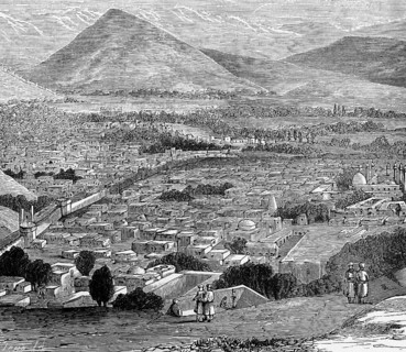 Cityscape of Kabul in the 19th century, view from above, capital, mosque, minarets, mountain