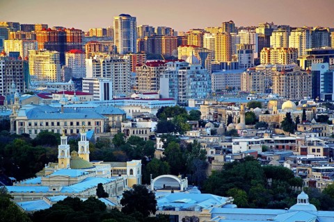 Azerbaijan, sunset over Baku, Baku, Europe, Asia