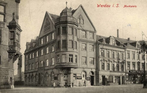 Historical postcard, picture postcard, market square of Werdau, Saxony, Germany, digitally enhanced