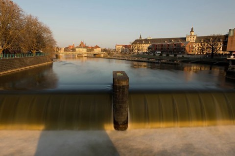 Waterfall on Odra river near University in Wroclaw, Poland