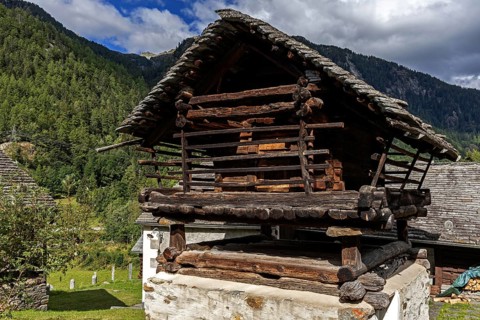 Characteristic old building made of stone and wood, Mogno, near Fusio, Lavizzara, Canton Ticino,