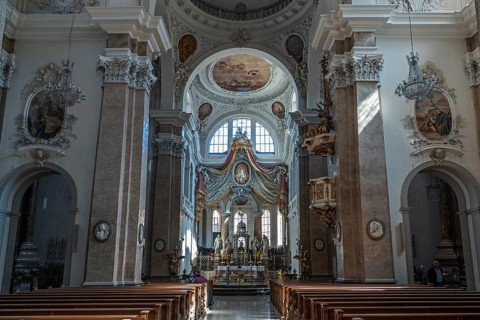 Church, Baroque Basilica of St. Mang, interior view, altar, Füssen, Ostallgäu, Bavaria Germany