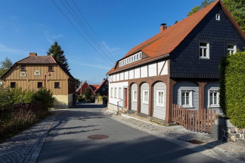 Typical half-timbered houses in Waltersdorf, Großschönau, Saxony, Germany