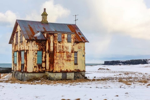 Abandoned house, dilapidated house, sea, snow, winter, Garður, Iceland, Scandinavia