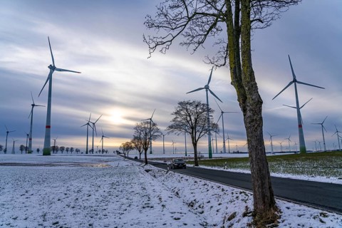 Country road, wind farm, north of Lichtenau, self-proclaimed energy town, over 190 wind turbines