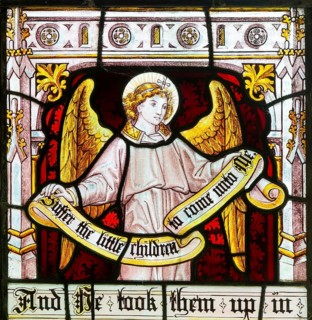 Detail of angel on stained glass window 'Suffer the Little Children' by Burlison & Grylls c 1880,