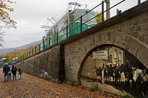 Drachenfels railway with old photo on the Eselsweg, the ascent to Drachenfels, Königswinter,