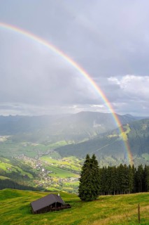 View over the Brixen Valley with rainbow, Hochbrixen, Brixen im Thale, Kitzbühel Alps, Tyrol,