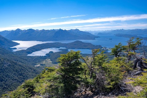 View from the summit of Cerro Goye of the lakes and mountains of the Andes in Nahuel Huapi National