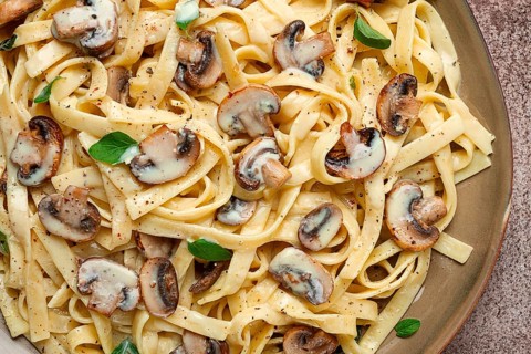 Fettuccine with champignons, basil, in cream sauce, homemade, no people
