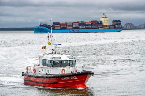 The Belgian pilot boat Schonefeld enters the Pilot Boat harbour of Vlissingen, has dropped off a