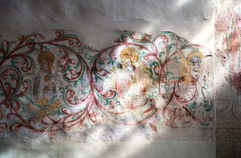 Religious motifs as atmospheric mural painting, frescos at the Romanesque basilica Bursfelde Abbey,