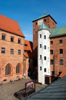 Medieval courtyard with historic buildings and towers, museum, residential castle of the Pomeranian