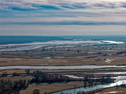 Ice and snow-covered foothills of the Oder in the Lower Oder Valley National Park. aerial view.