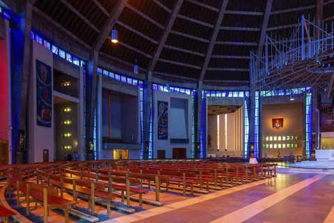 Modern interior of Roman Catholic cathedral church, Metropolitan Cathedral of Christ the King, city