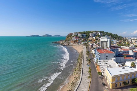 Panoramic view of scenic Mazatlan sea promenade and waterfront El Malecon with ocean lookouts,