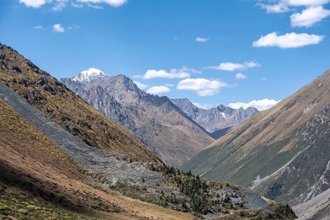 Valley, picturesque mountain landscape with white mountain peaks, Tian Shan Mountains, Issyk-Kul,