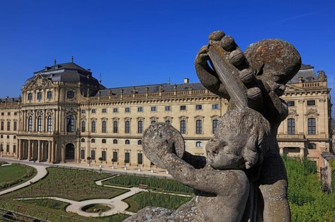 The Würzburg Residenz, putti on the bastion, park side, UNESCO World Heritage Site, Würzburg, Lower