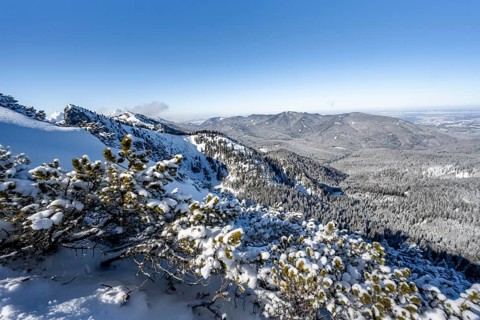Ascent to Teufelsstättkopf, view of snow-covered mountain landscape, mountain panorama, Ammergau