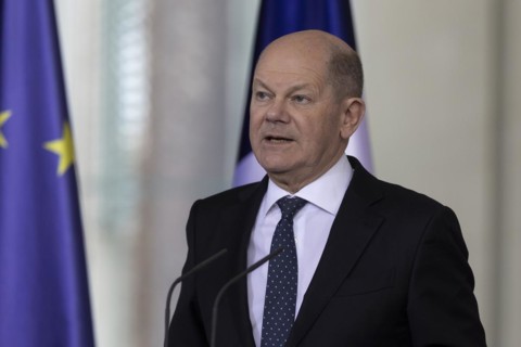 Olaf Scholz (SPD), Federal Chancellor, recorded during a press conference at the Federal