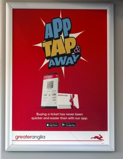 App Tap and Away, Greater Anglia railway poster for mobile phone application, UK