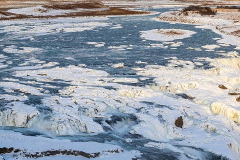 Gullfoss, Hvítá river waterfall, ice, frost, snow, winter, sunset, Haukadalur, Iceland, Scandinavia