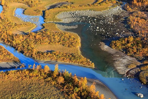 River, river delta, lakes, moor, autumn, autumn colours, sunny, aerial view, Rapadalen, Laponia,
