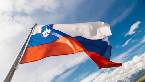 Flags, the national flag of Slovenia flutters in the wind