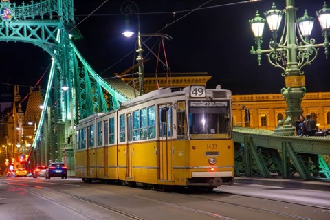 Typical yellow tram on the Liberty Bridge in Budapest