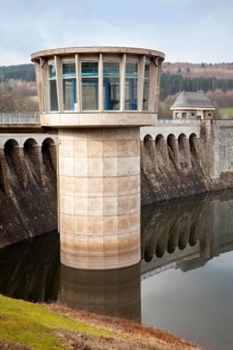 Dam of the Lister Reservoir, turbine tower at Bigge Reservoir hydroelectric power station, Olpe,