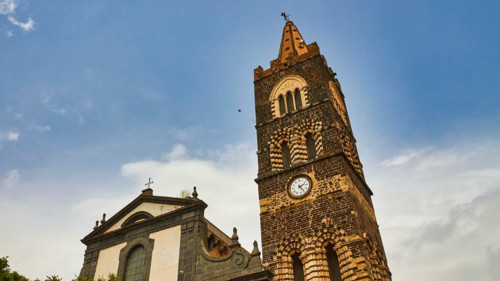 Superwidewinle shot, oblique from below, church, steeple, Randazzo, town, Nebrodi National Park,
