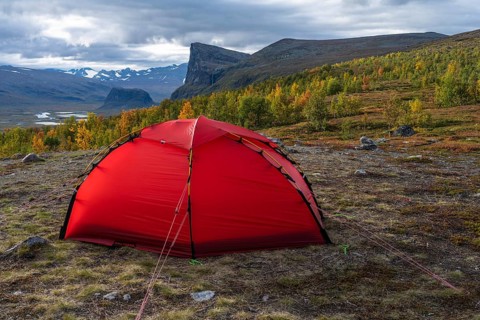 Tent in mountain landscape, Sarek National Park, World Heritage Laponia, Norrbotten, Lapland,