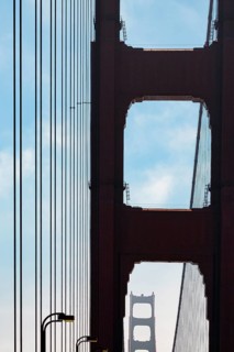 Pylon of the suspension bridge, detail, Golden Gate Bridge in backlight, San Francisco, California,