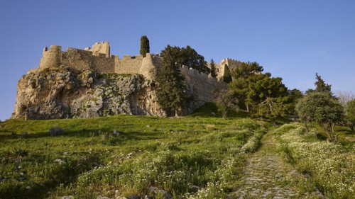 Morning light, St John's fortress, ascent to the Acropolis, Lindos, green meadows, Rhodes,
