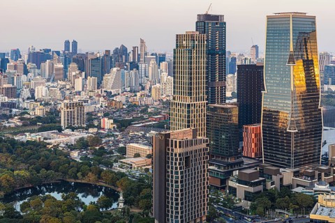 Over the rooftops of Bangkok, view from the Moon Bar on the roof terrace of the Banyan Tree Hotel,