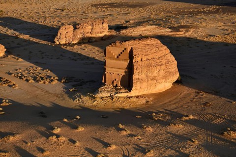 Qasr Al-Farid, 2000-year-old tomb of the Nabataeans, aerial view, Hegra or Madain Salih, AlUla