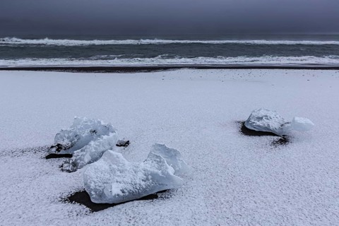 Ice floes on the beach, snowy, waves, sea, clouds, winter, Diamond Beach, Breidamerkursandur,