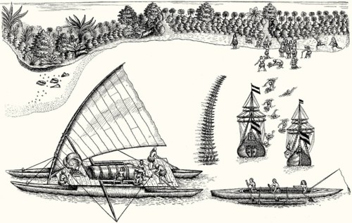 The two ships of Abel Janszoon Tasman, bay of Tongatapu, Tonga, Polynesia, 17th century