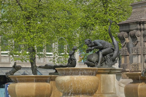 Grupello pyramid with bronze sculptures and water feature, fish figure, Mannheim, Hesse, Germany