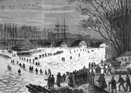 The frozen Seine on 3 January 1869, many walkers skating on the ice, Paris, France, Historic,