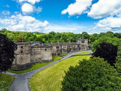 Skipton Castle from a drone, North Yorkshire, England, United Kingdom